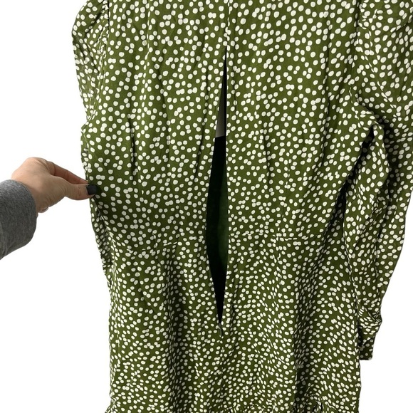 Reformation Marcy Dress Green Polka Dot Print Long Sleeve Size 10 Ruffle Trim - Picture 8 of 11